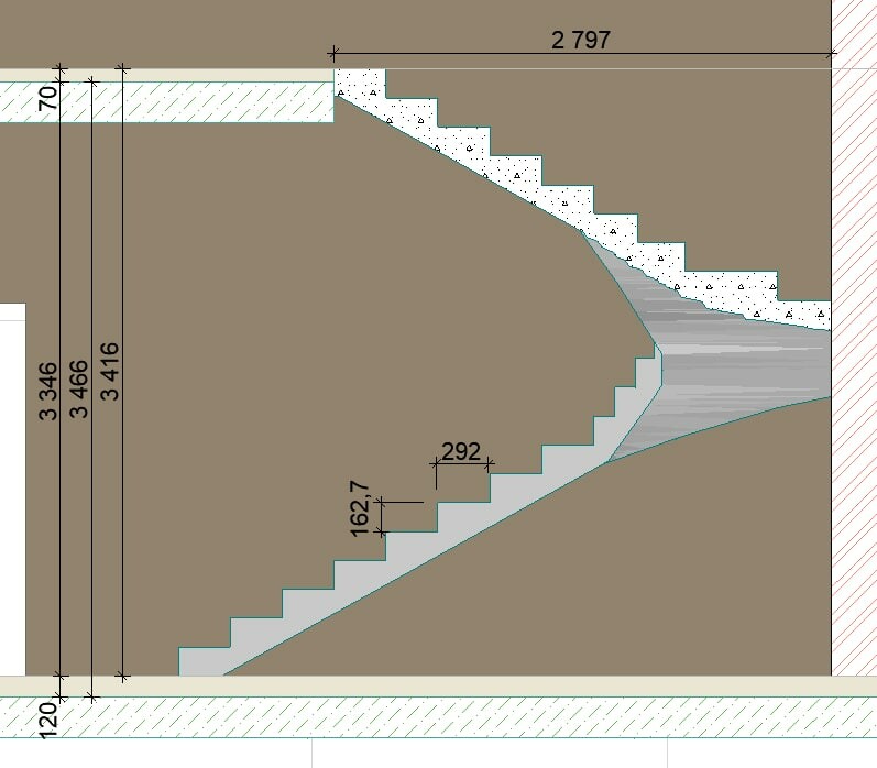 Монолитная лестница, схема вид сбоку.