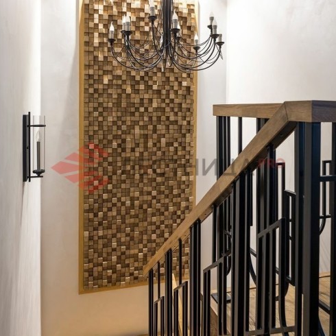 Лестница на мателлическом каркасе с облицовкой из дуба П-образная с площадкой